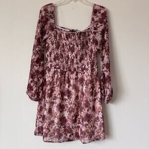 Trixxi Floral Fall Dress Womens Size Medium Long Sleeve Mini Dress Ruched Bodice